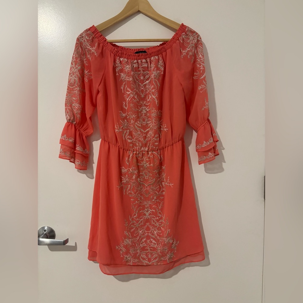 WHBM  Embellished Orange and Pink Off-Shoulder Bell Sleeve Dress